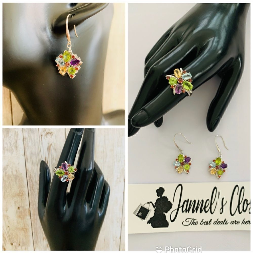 Flower Multicolor Blue Topaz Dangle Earrings and Ring 925 Sterling Silver